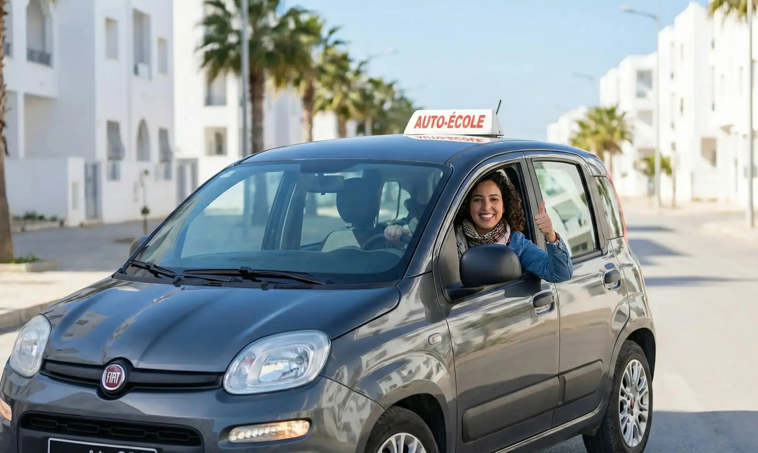 Élève souriante dans une voiture d'auto-école PermisPromo